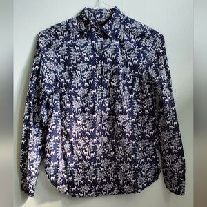 J. Crew Navy Blue Popover Shirt, All-Over Trees & Deer Print, Size 2